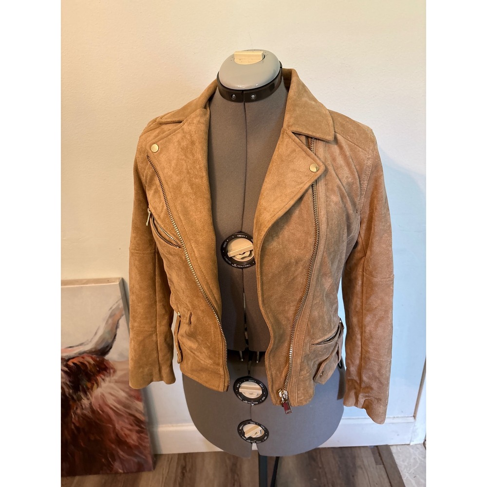 H&M Divided Moto Jacket Womens 8 Tan Excellent Faux Suede Biker Gold Zip